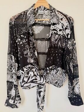 Chico's Black & White Tie-Front Sheer 100% silk patchwork cardigan size 2 (L)